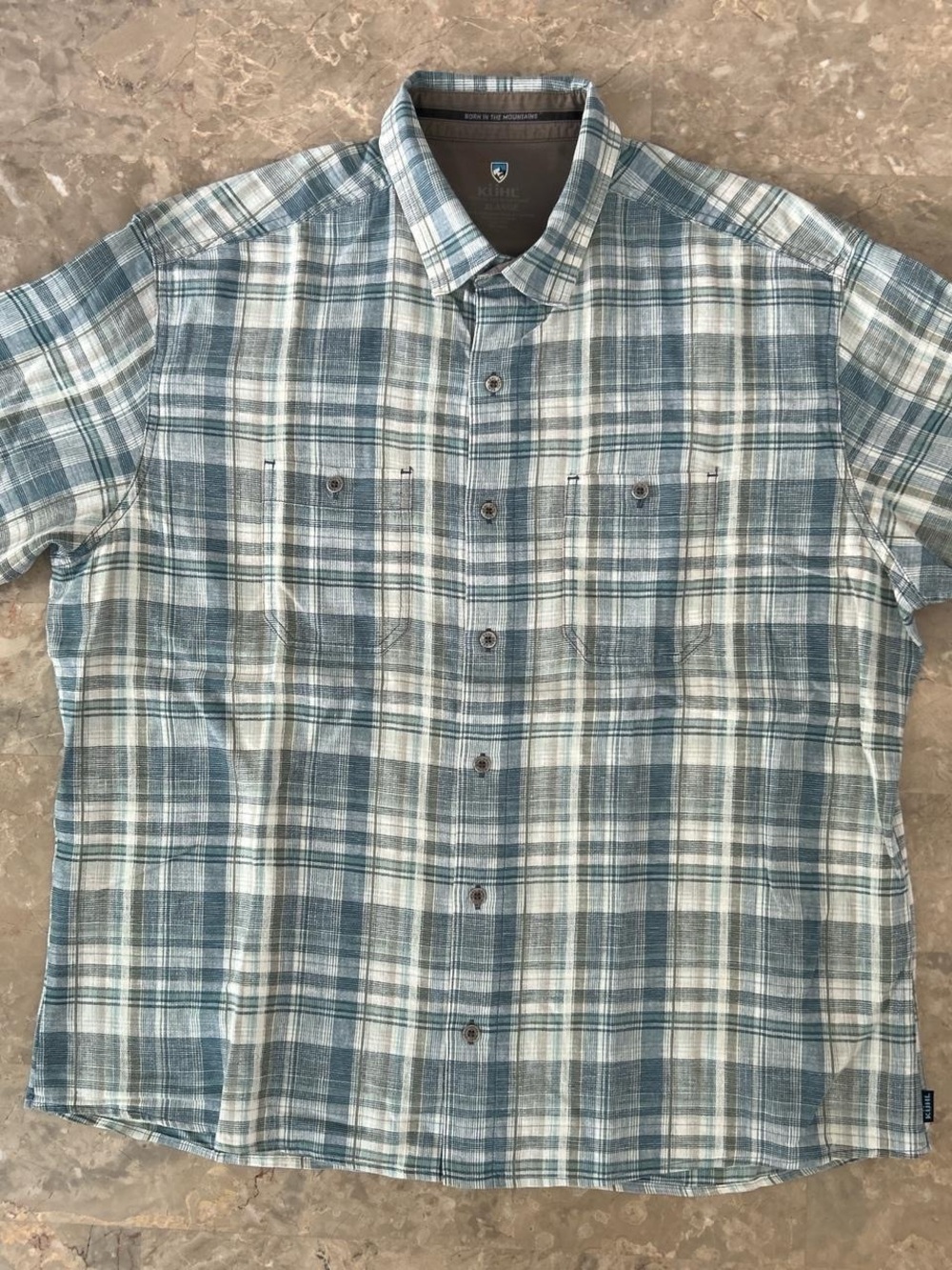Kuhl Plaid Short Sleeve Shirt Men’s XL Cotton Linen Outdoor Hiking Button Up